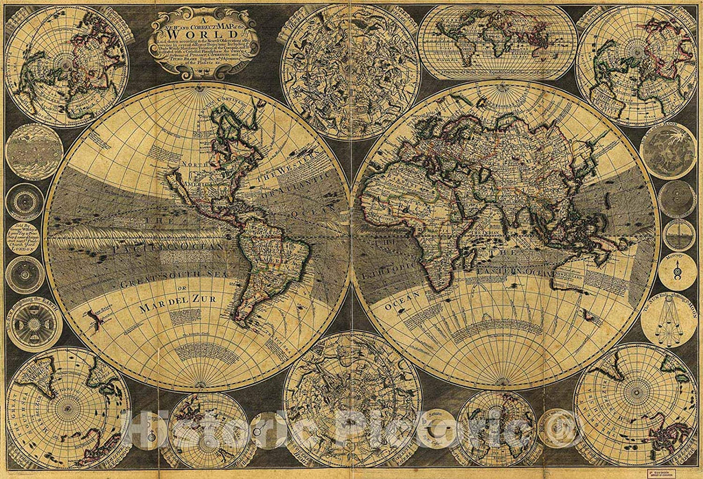 Historic 1702 Map - A New and Correct map of The World : Laid Down According to The Newest observations & Discoveries in Several Different projections Including The Trade Winds, monsoons - Wide World Maps & MORE! - Home - Historic Pictoric - Wide World Maps & MORE!
