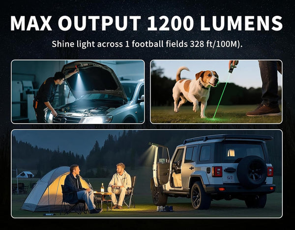 Rechargeable EDC Flat Flashlight, Compact Pocket Flash Light Combines 1200 Lumens White LED, Warm LED and Green Beam, Perfect for Outdoor, Camping, Hiking, Emergency