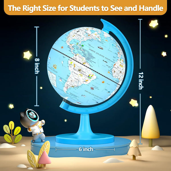 Illuminated Globe for Children with Animal Illustrations Easy to Read - 8'' Small World Globe for Kids Learning Geography Toddler Educational Toy/Birthday Gift for Boys/Girls