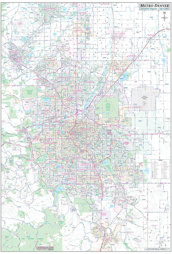 Greater Denver Detailed Region Wall Map w/Zip Codes LARGE 48"x70" [Map ...