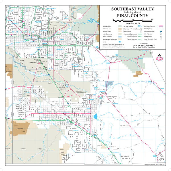 Southeast Valley and Central Pinal County Desk Map Gloss Laminated - Wide World Maps & MORE!