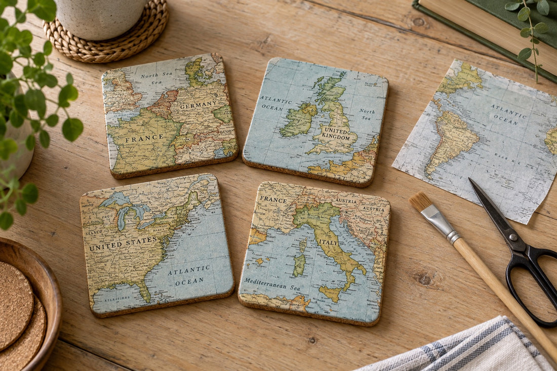 Vintage map coasters and craft supplies on a wooden table
