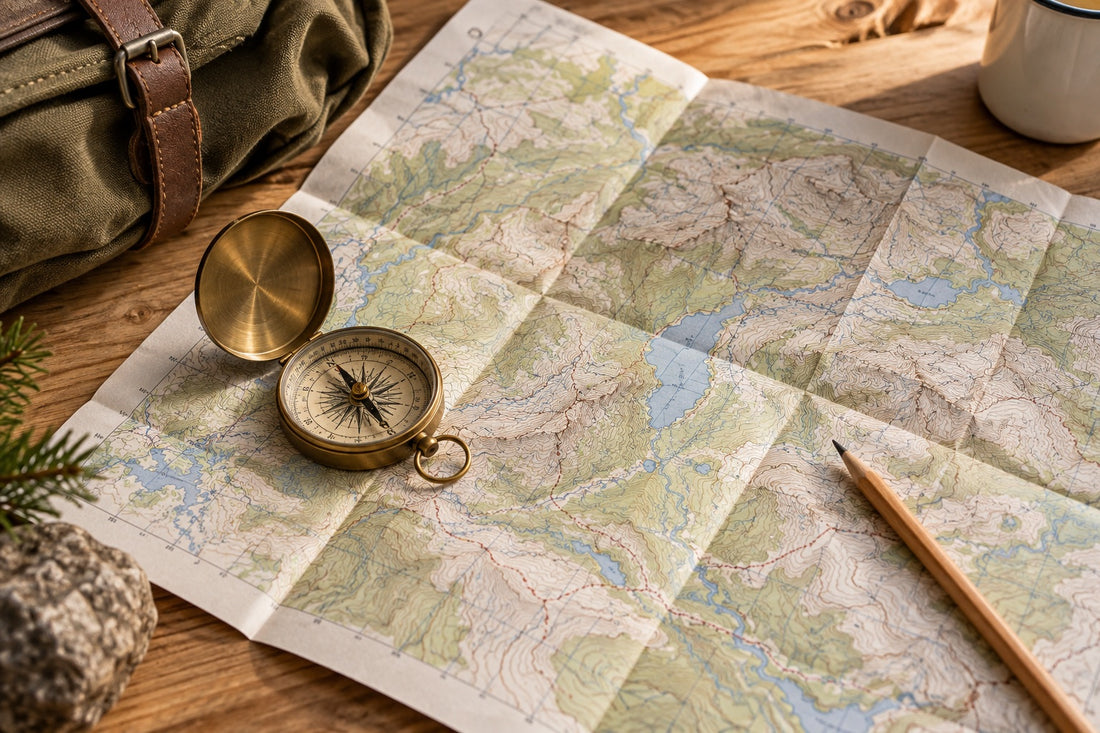 Paper topographic map and compass on a planning table