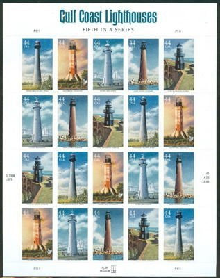Gulf Coast Lighthouses Sheet of Twenty 44 Cent Stamps Scott 4409-13 - Wide World Maps & MORE! - Toy - USPS - Wide World Maps & MORE!