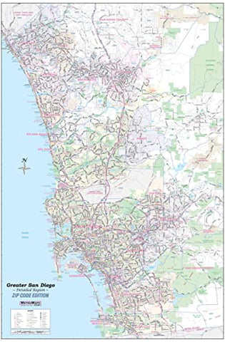 Greater San Diego, California JUMBO 48" × 72" Laminated Wall Map w/ZIP Codes - Wide World Maps & MORE!