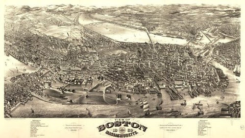 Historic Panoramic Map Reprint: View of Boston, Massachusetts 1880. 36 x 20 - Wide World Maps & MORE! - Home - Vintage Reprints - Wide World Maps & MORE!