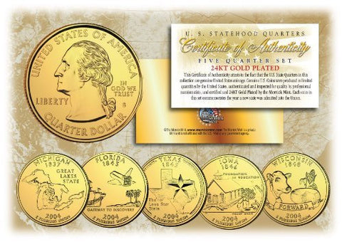 2004 US Statehood Quarters 24K GOLD PLATED ** 5-Coin Complete Set ** w/Capsules - Wide World Maps & MORE! - Collectible - Merrick Mint - Wide World Maps & MORE!