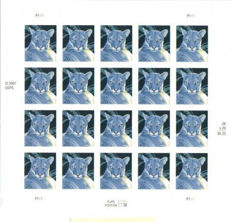 Florida Panther Full Pane of 20 x 26 Cent Stamps Scott 4139 - Wide World Maps & MORE! - Toy - USPS - Wide World Maps & MORE!