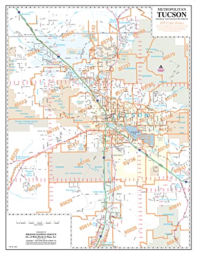 Metropolitan Tucson Arterial and Collector Streets ZIP Code Zones Desk Map Gloss Ready-to-Hang - Wide World Maps & MORE!