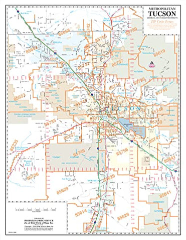 Metropolitan Tucson Arterial and Collector Streets ZIP Code Zones Desk Map Gloss Ready-to-Hang - Wide World Maps & MORE!