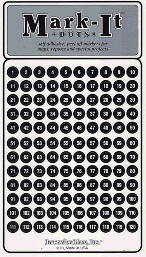 Medium 1/4 Removable Numbered 1-240 Mark-It Brand Dots for Maps, Reports or Projects - Black