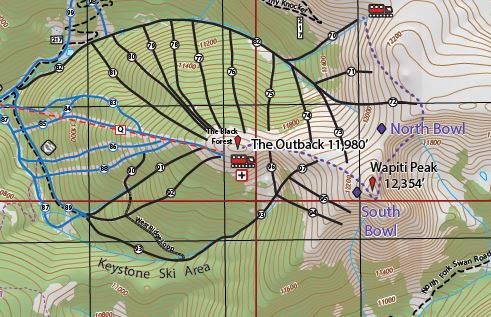 Keystone Colorado Ski Area Topographic Keepsake Poster Map (with ski runs, lifts and gondolas; hiking trails, topo markings & elevation markings) - Wide World Maps & MORE!