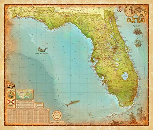 Large Antique-Style Florida State Wall Map, Dry Erase Laminated - Wide World Maps & MORE! - Map - Wide World Maps & MORE! - Wide World Maps & MORE!