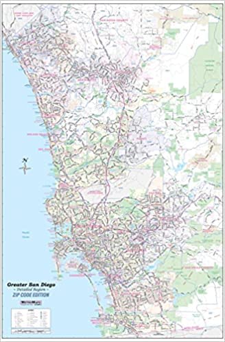 Greater San Diego Detailed Wall Map w/Zip Codes Laminated 24 x 36 inches - Wide World Maps & MORE!