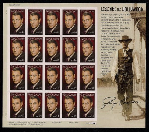 Gary Cooper: Legends of Hollywood, Full Sheet of 20 x 44-Cent Postage Stamps, USA 2009, Scott 4421 - Wide World Maps & MORE! - Toy - USPS - Wide World Maps & MORE!
