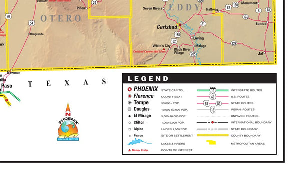 Arizona & New Mexico Physical Highways Wall Map Gloss Ready-to-Hang - Wide World Maps & MORE!