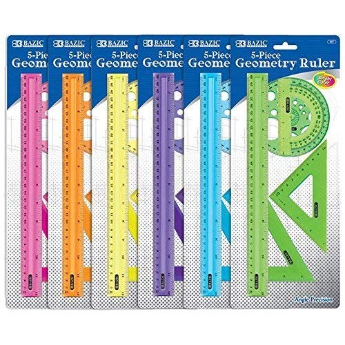 3 Pk, Bazic 5-Piece Geometry Ruler Combination Sets (Colors will vary) - Wide World Maps & MORE! - Office Product - Bazic - Wide World Maps & MORE!