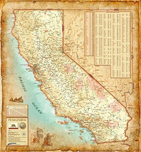 Antique Style CALIFORNIA Wall Map *Laminated* LARGE 48"x52" Beautiful - Wide World Maps & MORE! - Map - CompArt Maps - Wide World Maps & MORE!