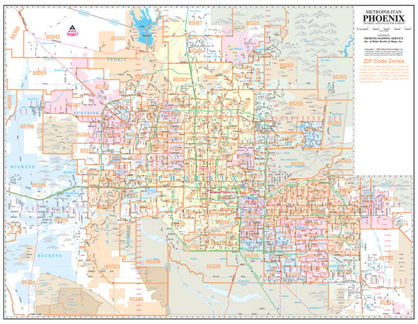 Metropolitan Phoenix Arterial and Collector Streets Jumbo ZIP Wall Map Dry Erase Laminated - Wide World Maps & MORE!