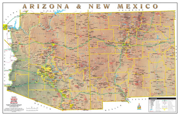 Arizona & New Mexico Physical Highways Wall Map Gloss Ready-to-Hang - Wide World Maps & MORE!