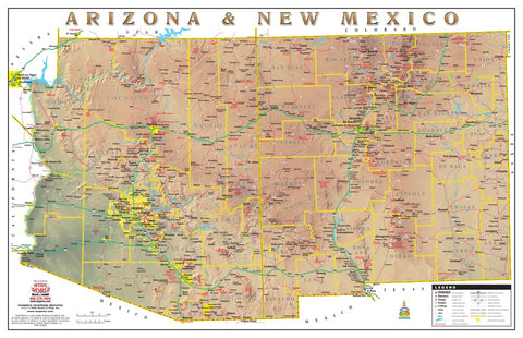 Arizona & New Mexico Physical Highways Wall Map Gloss Laminated - Wide World Maps & MORE!