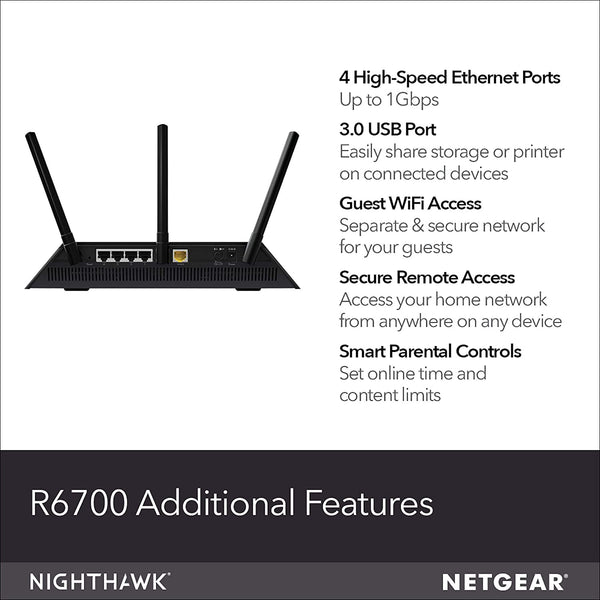 NETGEAR Nighthawk Smart Wi-Fi Router, R6700 - AC1750 Wireless Speed Up to 1750 Mbps | Up to 1500 Sq Ft Coverage & 25 Devices | 4 x 1G Ethernet and 1 x 3.0 USB Ports | Armor Security - Wide World Maps & MORE!