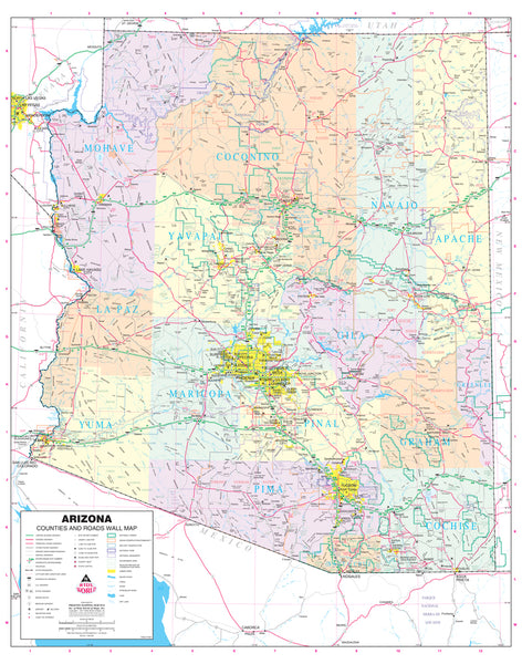 Arizona Counties and Roads Small Wall Map, Gloss Ready-to-Hang | Wide ...