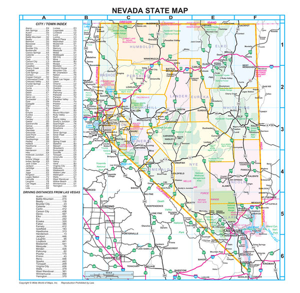 Nevada Counties and Roads Wall Map Gloss Laminated | Wide World Maps ...