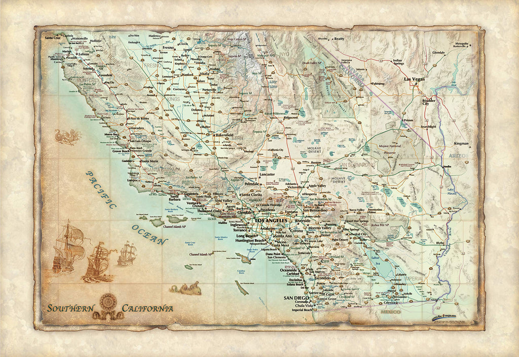 Antiqued Southern California Full-Size Wall Map - Wide World Maps & MORE!