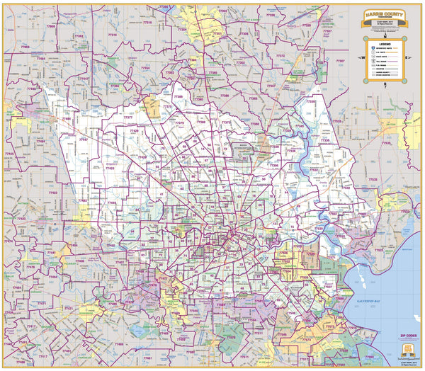 Harris County Thoroughfares 46" × 40" ZIP Codes Laminated Wall Map (Houston, Texas, United States of America) - Wide World Maps & MORE! - Map - Key Map - Wide World Maps & MORE!