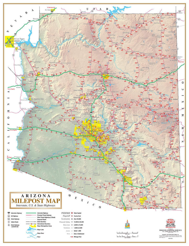 Arizona Milepost Map: Interstate, U.S., & State Highways - Dry Erase Laminated - Wide World Maps & MORE!