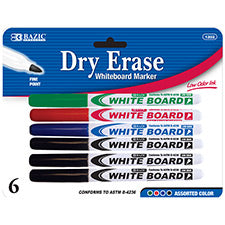 Bazic Dry Erase Whiteboard Marker Fine Point Low Odor Ink Assorted Color 6-Pack - Wide World Maps & MORE! - Office Product - Bazic - Wide World Maps & MORE!