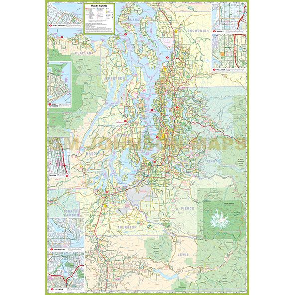 Seattle-Tacoma, Washington | Vancouver, BC to Mount Rainier Vicinity Map Gloss Laminated - Wide World Maps & MORE!